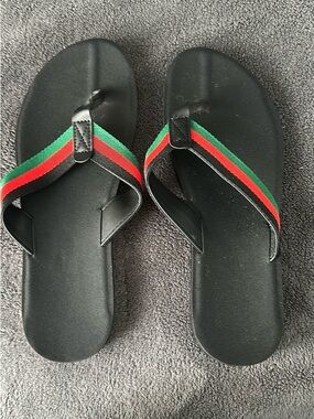 Black Flip Flop Sandals with Red & Green Straps